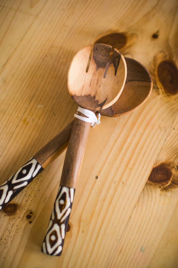 Olive Wood Salad Servers with Bone Handles - Kenya